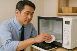 電子レンジの内部掃除をしているサラリーマン。簡単で時間をかけずにできるメンテナンス