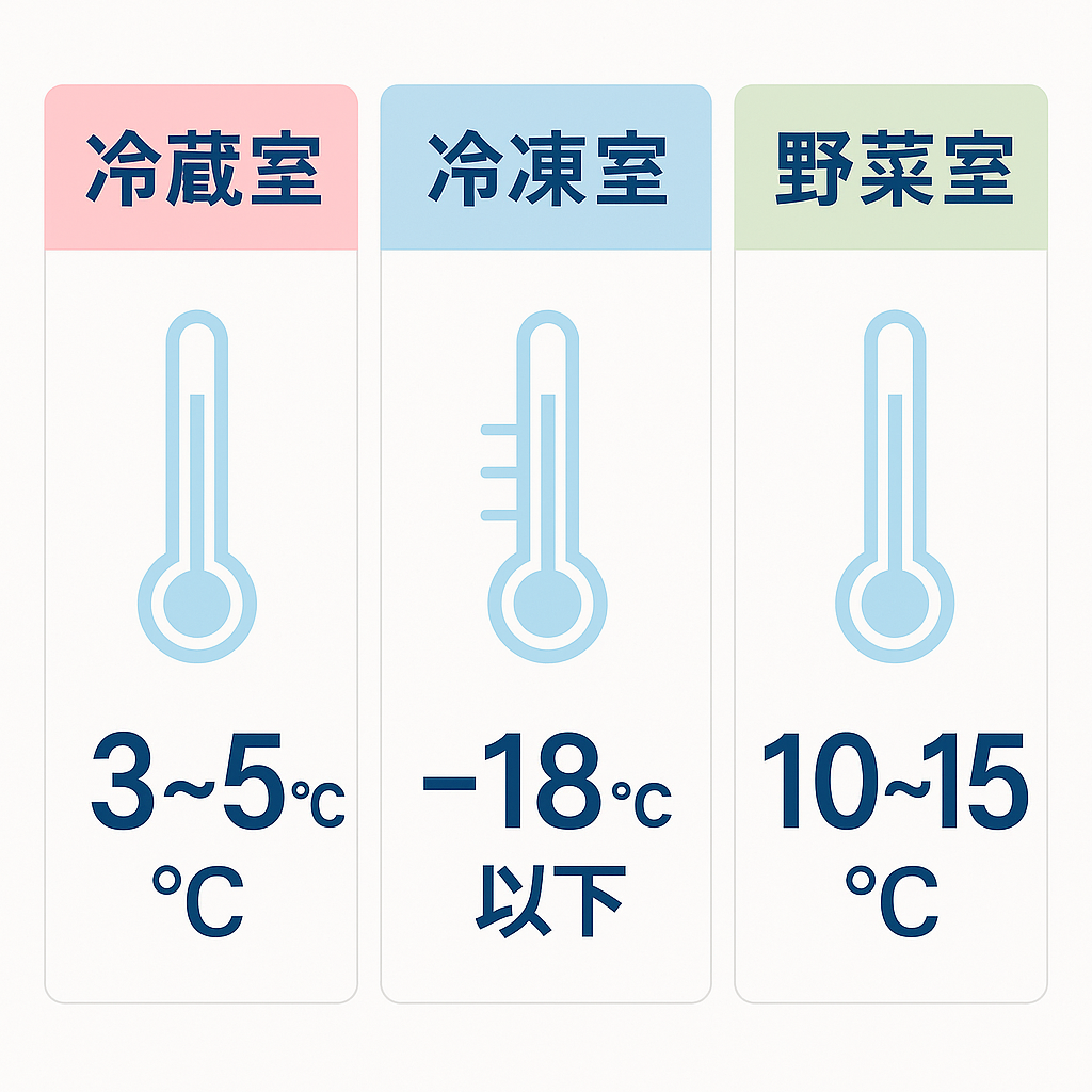 冷蔵庫の各室（冷蔵室、冷凍室、野菜室）ごとの温度設定表示を示す図。