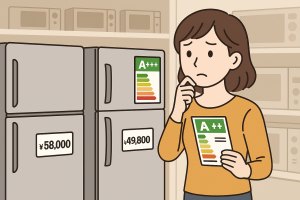 家電店で冷蔵庫を選んでいる主婦のイラスト。主婦が2台の冷蔵庫のエネルギー効率や価格を比較しながら、どちらを選ぶべきか迷っているシーン。