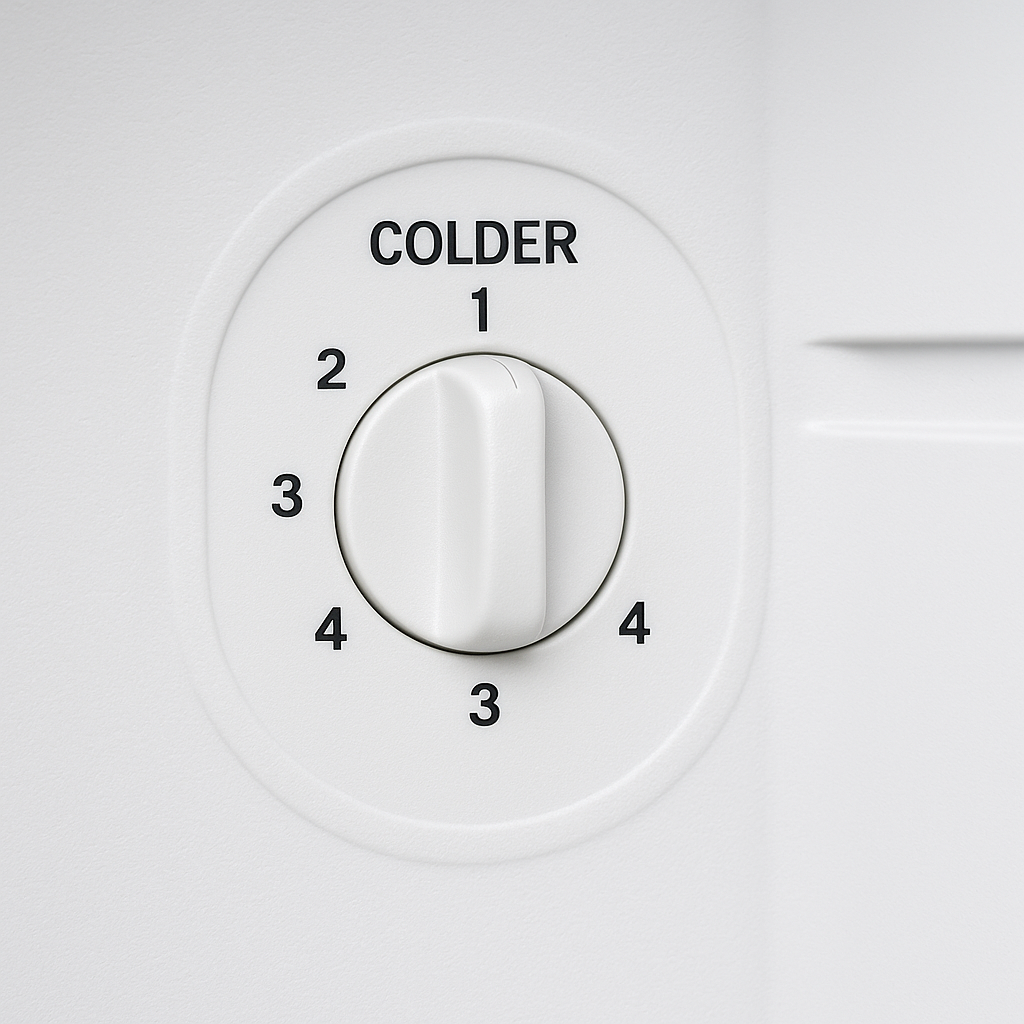 冷蔵庫の温度調整ダイヤルの画像。温度設定の目安を示す。