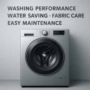 銀色のフロントロード洗濯機が、優れた洗浄性能、水の節約、衣類ケア、簡単なメンテナンス機能を強調するテキストとともに描かれています。背景はライトグレーで、洗濯機の円形ガラスドアの中にはステンレス製のドラムが見えます。これらの機能が大きな文字で強調され、現代的で洗練されたデザインを表現しています。