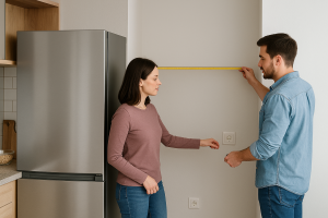 冷蔵庫を設置する前にスペースを測定しているシーン