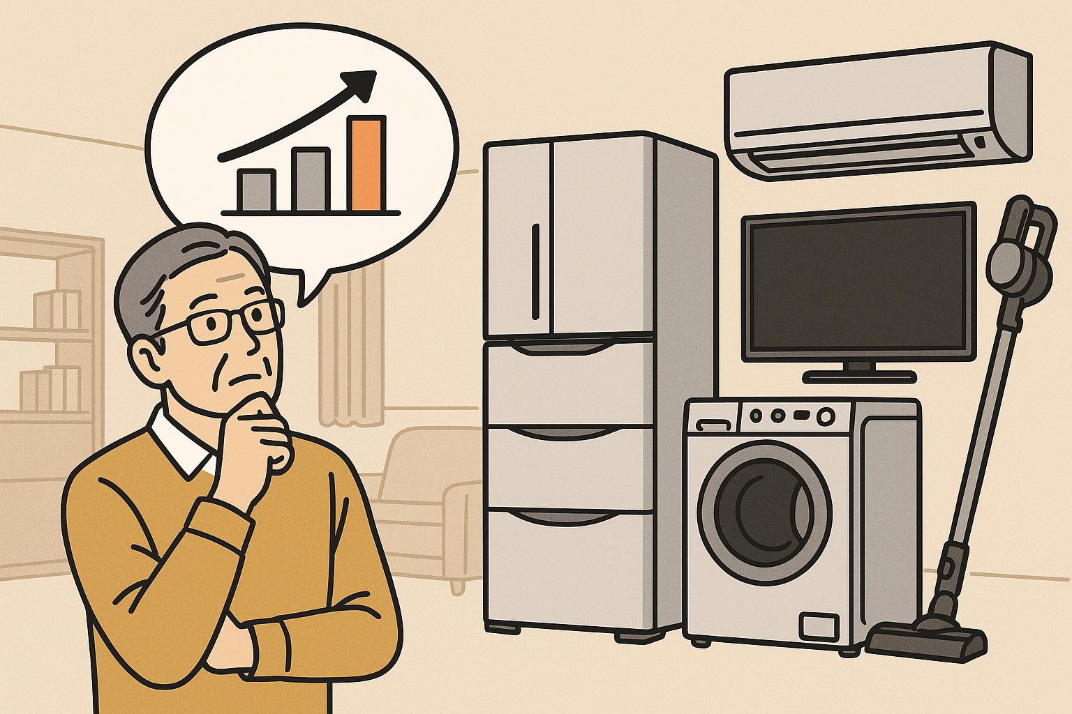 画像は、家電を選ぶために考え込む中年の男性が描かれています。男性はマスタードイエローのセーターを着てメガネをかけ、現代的なリビングルームで家電の前に立っています。吹き出しの中には、上昇するバーチャートが描かれており、右側には冷蔵庫、洗濯機、テレビ、エアコン、掃除機のアイコンが並んでいます。背景は中立的なトーンで、シンプルで落ち着いたデザインです。