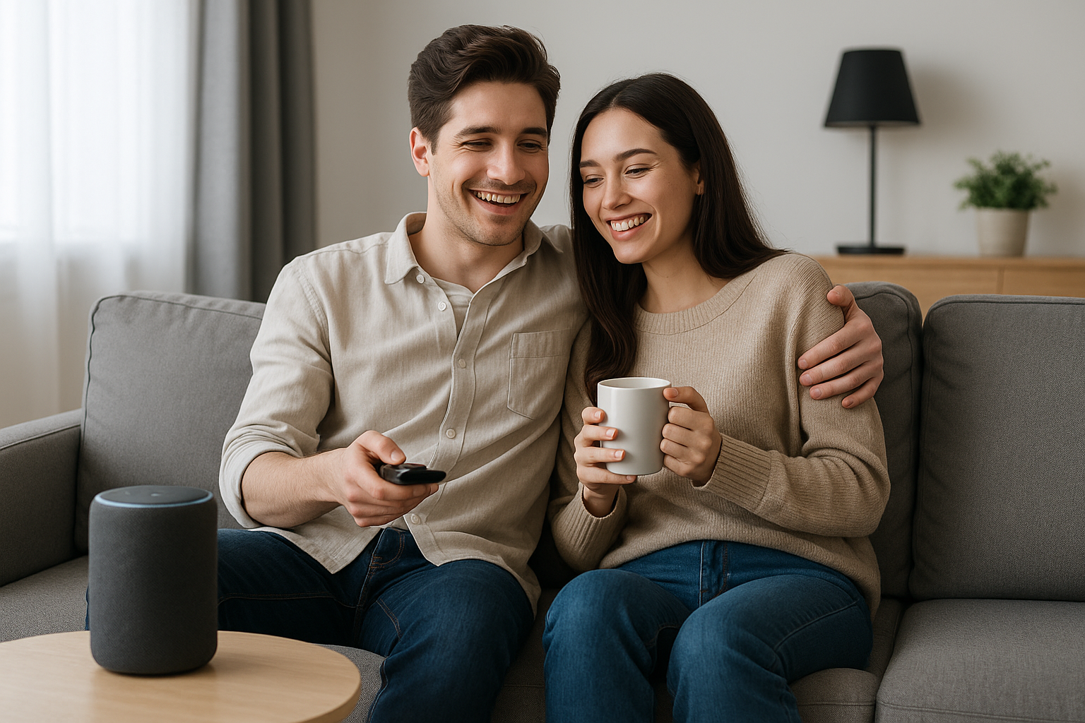 スマートスピーカーを使ってリラックスするカップル。
