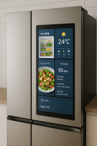 モダンでスタイリッシュなキッチン。カップルが冷蔵庫の中を見て食材を整理。