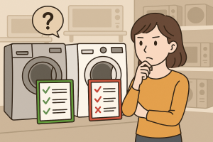 洗濯機の比較シーンで、2台の洗濯機を前に迷っている主婦。各機種の特徴を示すチェックリストが並べられており、一台にはチェック、もう一台には×がついています。