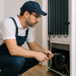 冷蔵庫の修理を依頼している専門家による点検作業