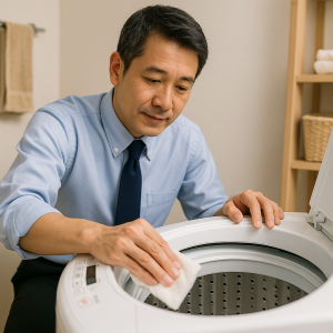 中年の男性が洗濯機のドラムを掃除しているシーン。手際よく掃除を行い、洗濯機の寿命を延ばす