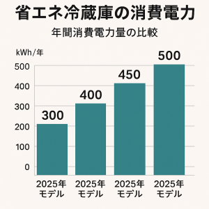 2025年モデルの冷蔵庫消費電力比較。各モデルのエネルギー効率を示すチャート。