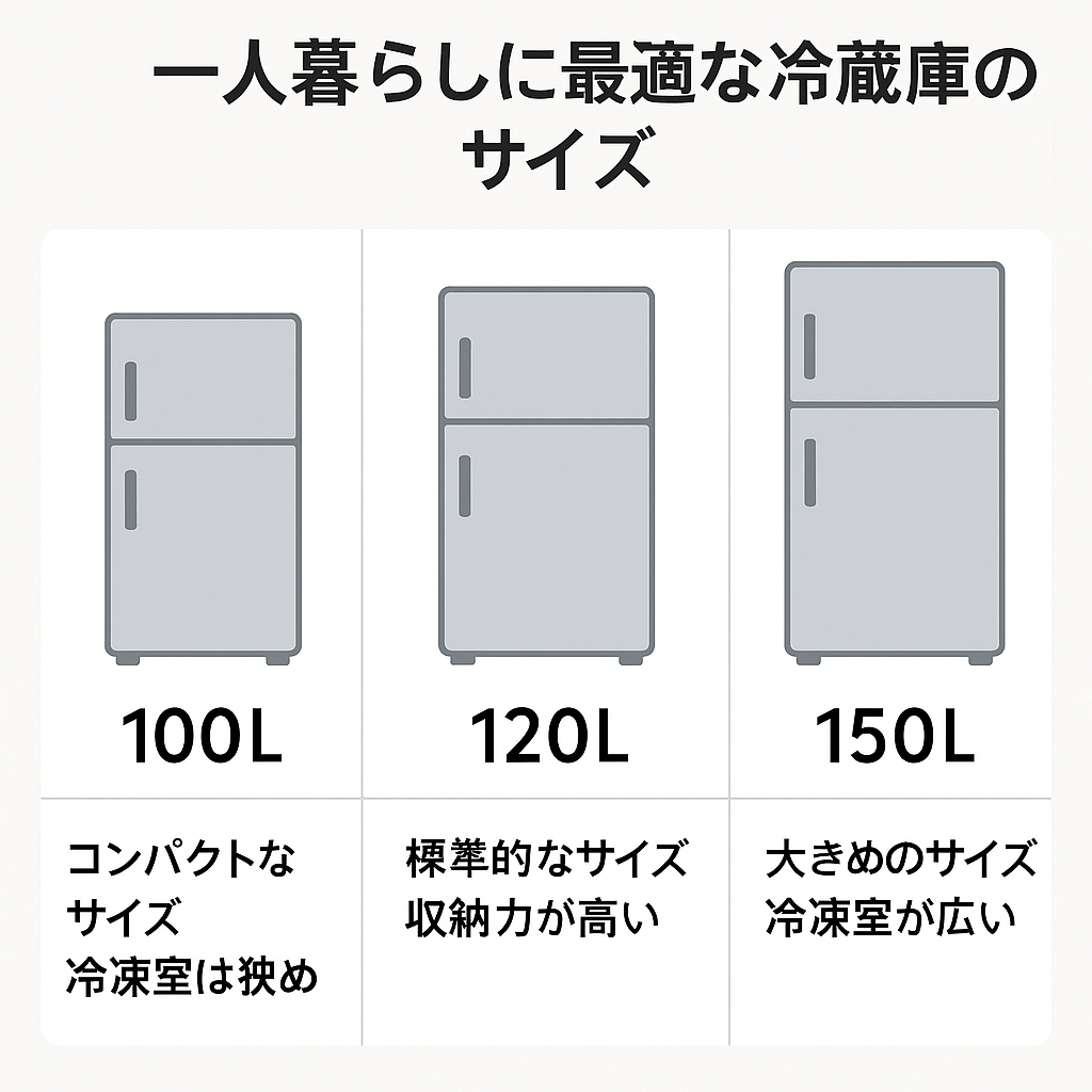 一人暮らしに最適な冷蔵庫サイズの比較。100Lから150Lの容量別に冷蔵庫の特徴を示す図。