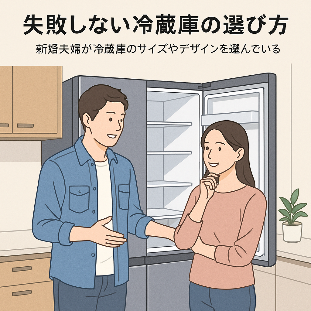 新婚夫婦が冷蔵庫のサイズやデザインを選んでいる様子