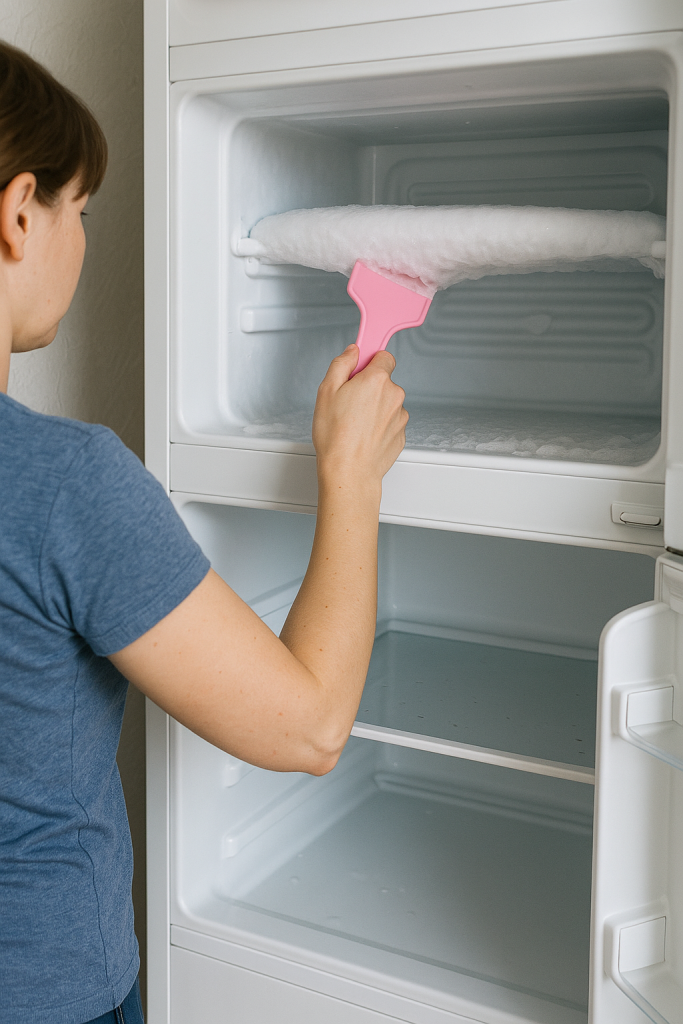 冷蔵庫の霜取り作業を行っている
