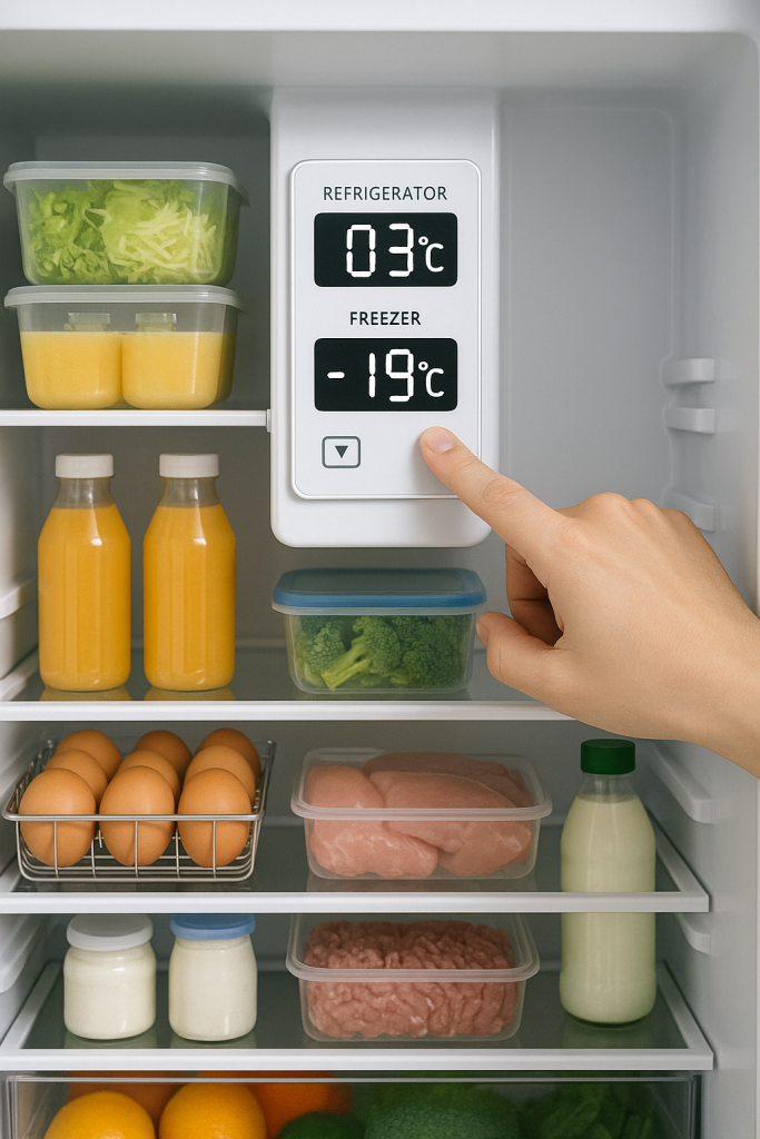 正しい温度設定で保存された食品が並ぶ冷蔵庫内。