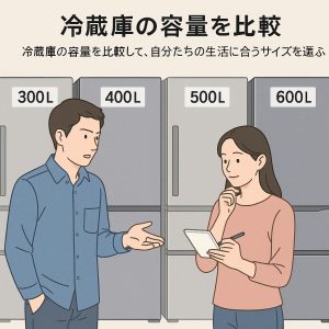 冷蔵庫の容量を比較して、自分たちの生活に合うサイズを選ぶシーン