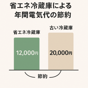 省エネ冷蔵庫を使った場合の年間電気代節約効果を示した家計シミュレーション。