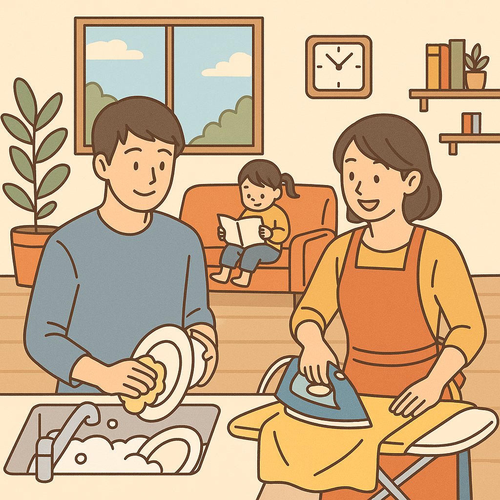 共働き家庭で家事を分担する家族。夫が皿洗いをし、妻がアイロンがけをしている。背景にはリラックスした様子の子ども。