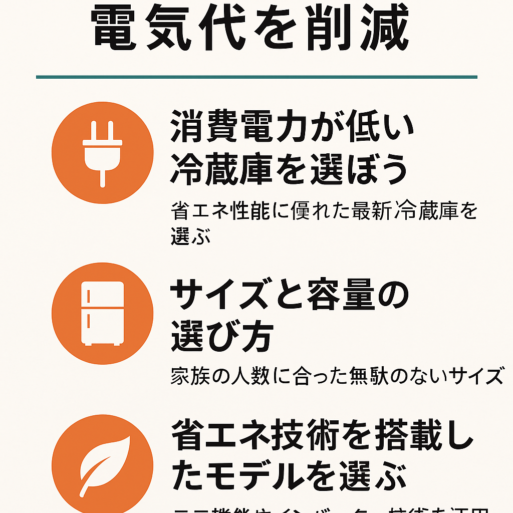 蔵庫選びで重要なポイントをまとめたインフォグラフィック。省エネ性能と適切なサイズ選び。