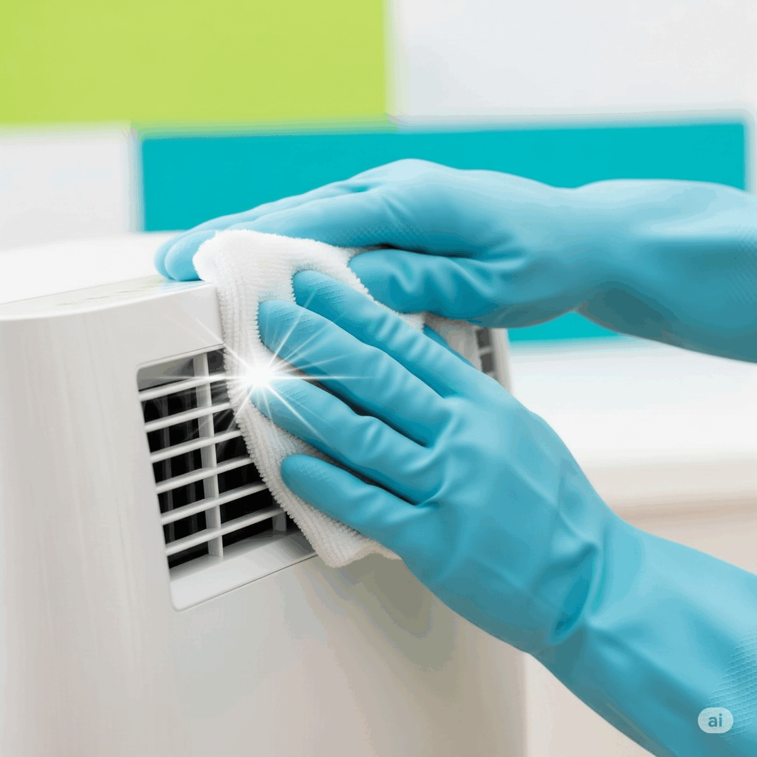青いゴム手袋をした手が、白い布で除湿機の吹出口を丁寧に拭いている。拭いた部分がキラリと光り、きれいになった様子が表現されている。