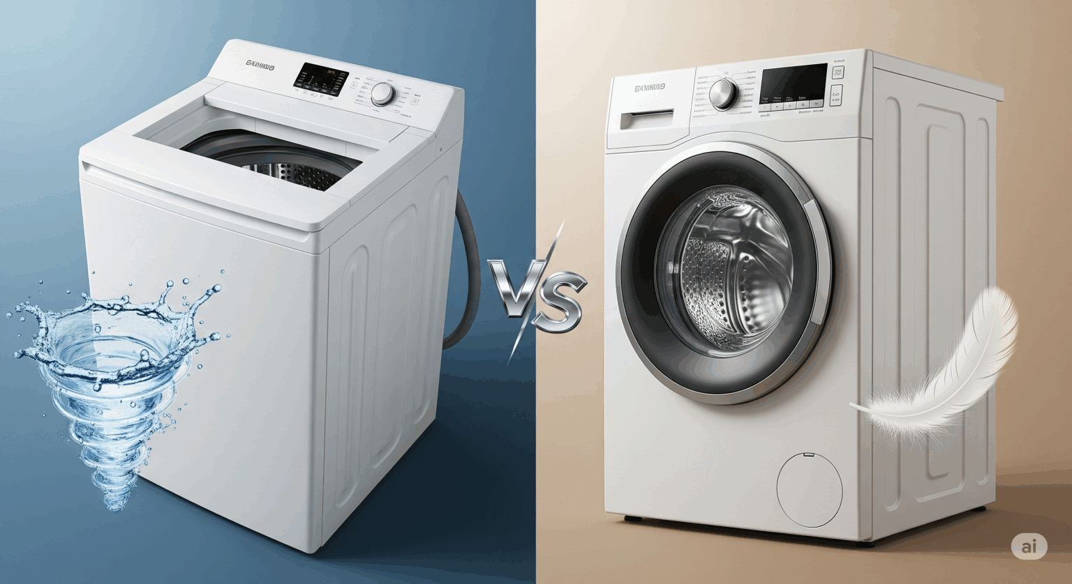 縦型洗濯機とドラム式洗濯機を比較するアイキャッチ画像。画面が左右に分割され、左側の青い背景には上部にフタがある縦型洗濯機と洗浄力を示す渦のアイコン、右側のベージュの背景には前面に丸いドアがあるドラム式洗濯機と衣類への優しさを示す羽のアイコンが、「VS」の文字を挟んで対峙している。