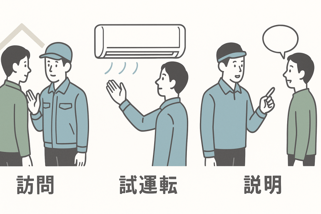 エアコン設置工事の当日の流れをわかりやすく描いた図解