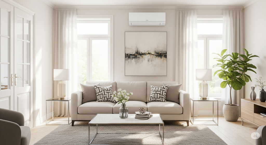 おしゃれなリビングのインテリアに調和する、壁に設置された白い最新エアコン。部屋のデザイン性を損なわない設置例。