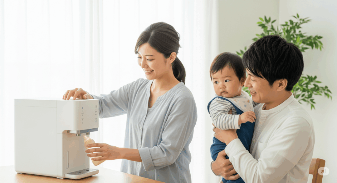 赤ちゃんのミルク作りにウォーターサーバーを利用する若い家族。母親が哺乳瓶の準備をし、父親が赤ちゃんを抱いて見守っている、清潔感のあるリビングの風景。