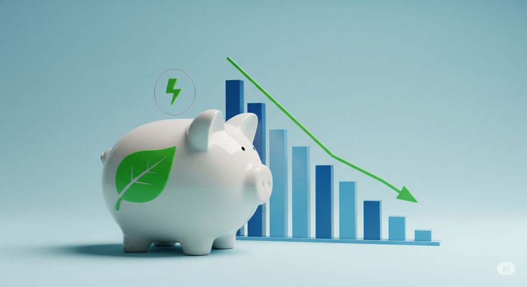  葉のマークがついた豚の貯金箱と右肩下がりのグラフ。エアコンの省エネによる電気代の節約を表現。
