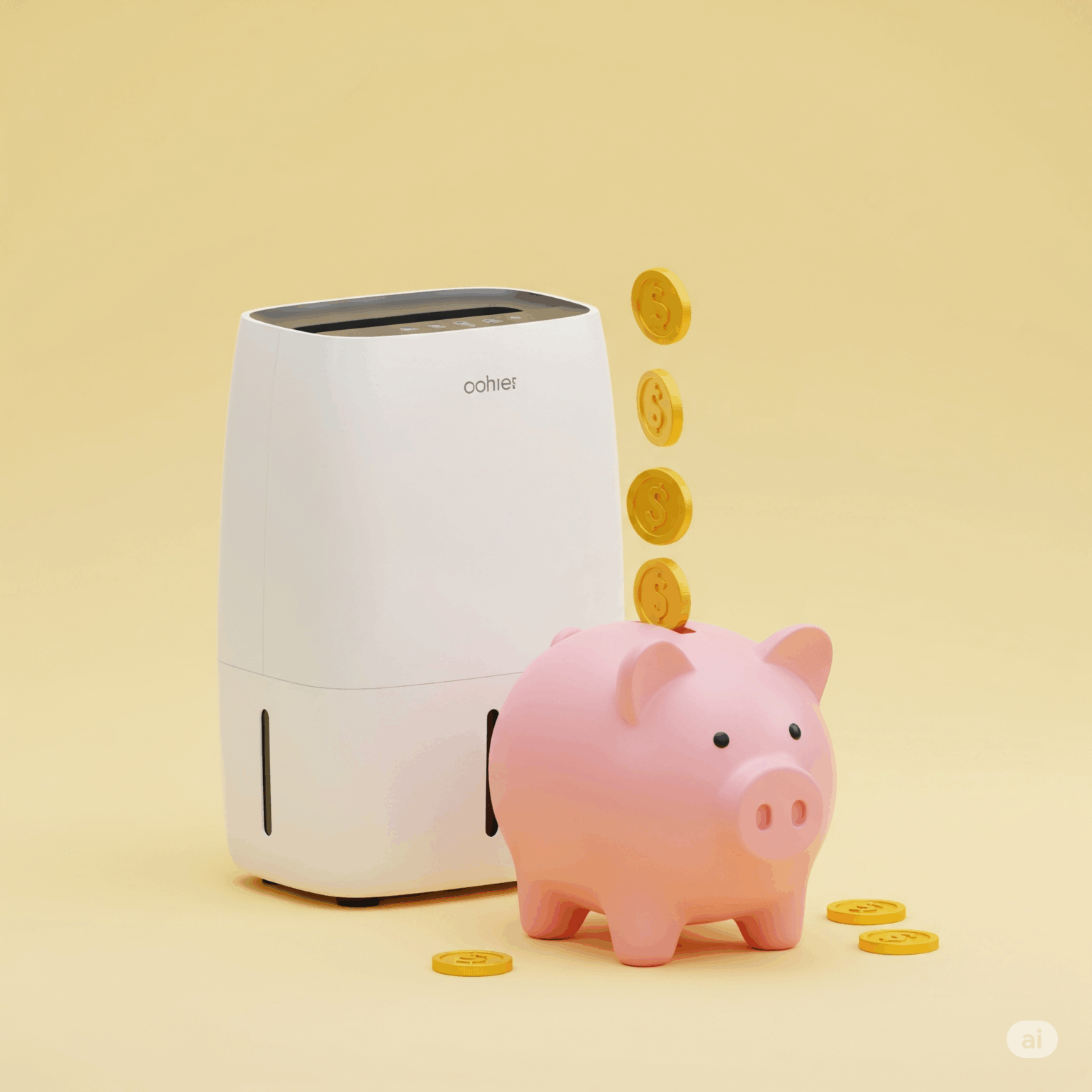除湿機を賢く使うことで電気代が節約できることをイメージしたイラスト。除湿機の横にある豚の貯金箱にお金が貯まっていく様子が描かれている。