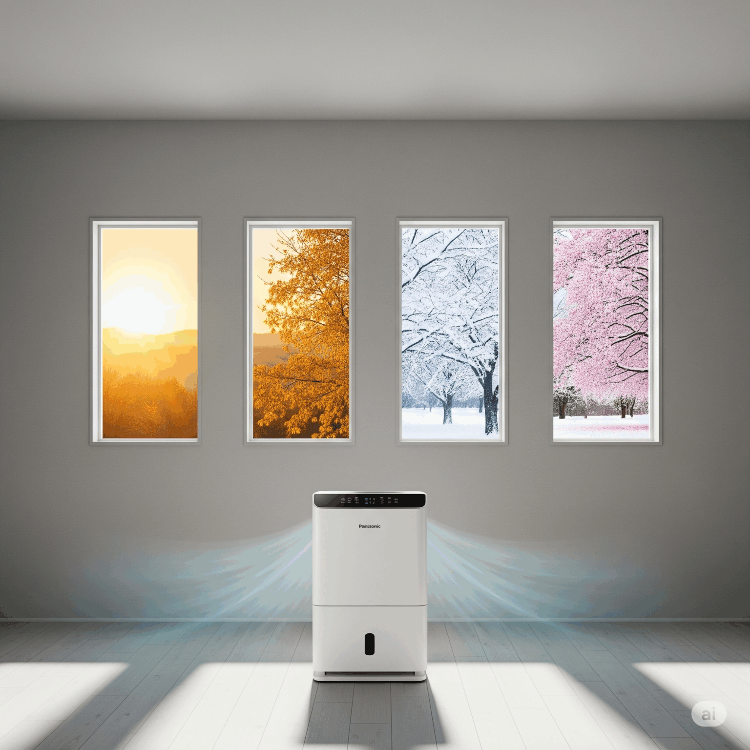 パナソニックのハイブリッド式除湿機が、季節を問わず一年中パワフルに稼働することを象徴したアイキャッチ画像。春夏秋冬の窓を背景に、最新モデルが置かれている。