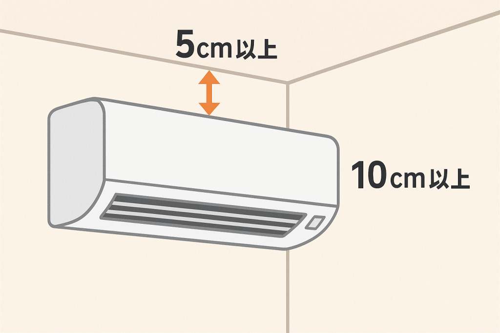 エアコン設置前に必要な高さや横幅のスペースを示すイメージ