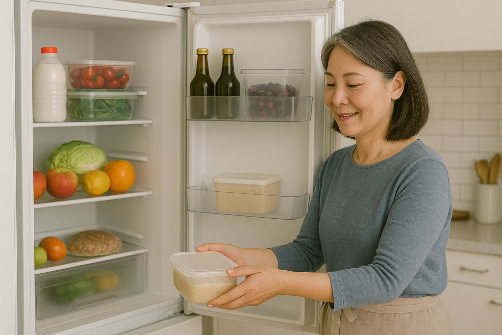 冷凍保存した食材にラベルを付けて管理しているシーン