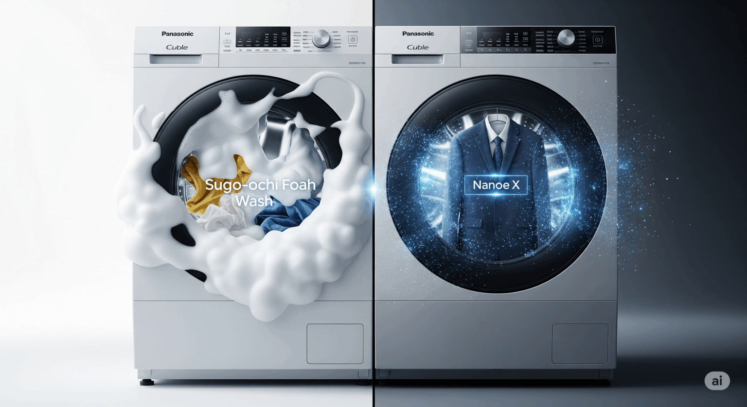 パナソニック洗濯機の特徴を解説するアイキャッチ画像。中央の洗濯機を境に、左側では『スゴ落ち泡洗浄』を象徴する豊かな泡が衣類を洗い、右側では『ナノイーX』を象徴するイオンがスーツをケアしている様子が描かれている。「洗う」と「洗わない」2つの衣類ケア技術を視覚的に表現している。