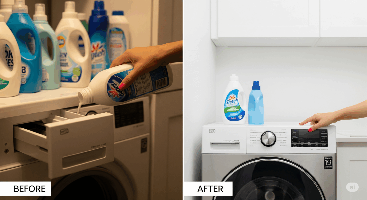 洗濯機の洗剤自動投入機能のメリットを示す比較画像。左半分では、様々な洗剤ボトルが置かれた中で、手動で洗剤を計量している煩雑な様子が描かれている。右半分では、洗剤ボトルが一切なくスッキリと片付いた空間で、指一本で洗濯機のスタートボタンを押すだけの、便利で快適な様子が描かれている。