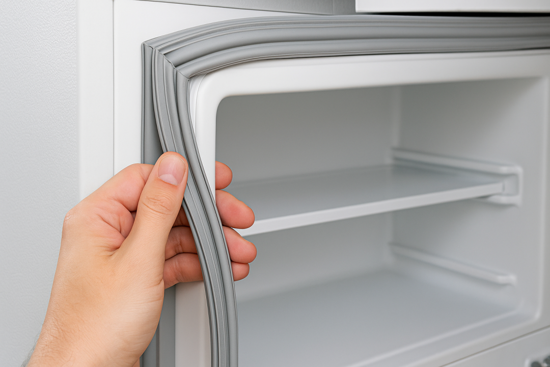 冷蔵庫のドアパッキンの劣化を確認しているシーン