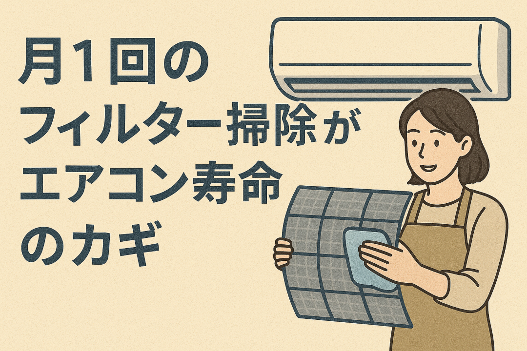 「月1回のフィルター掃除がエアコン寿命のカギ」という文字とともに、エアコンのフィルターを掃除している女性のイラスト。月1回の掃除を促すカレンダーも描かれている。
