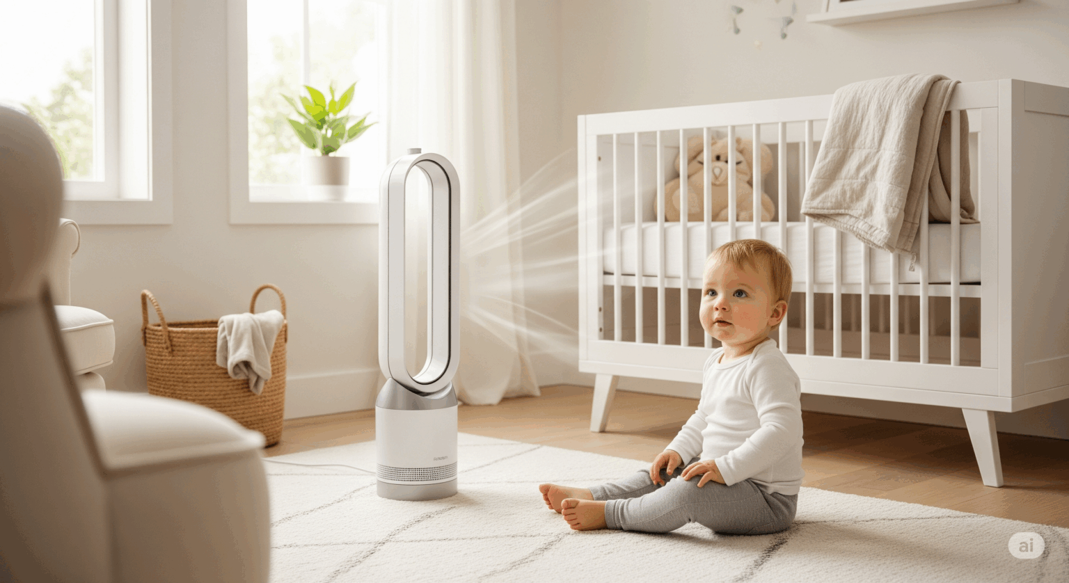 羽なし扇風機の安全性を象徴する画像。日当たりの良いおしゃれな子供部屋で、幼い子供がモダンなデザインの扇風機のすぐそばに安全に座っている。