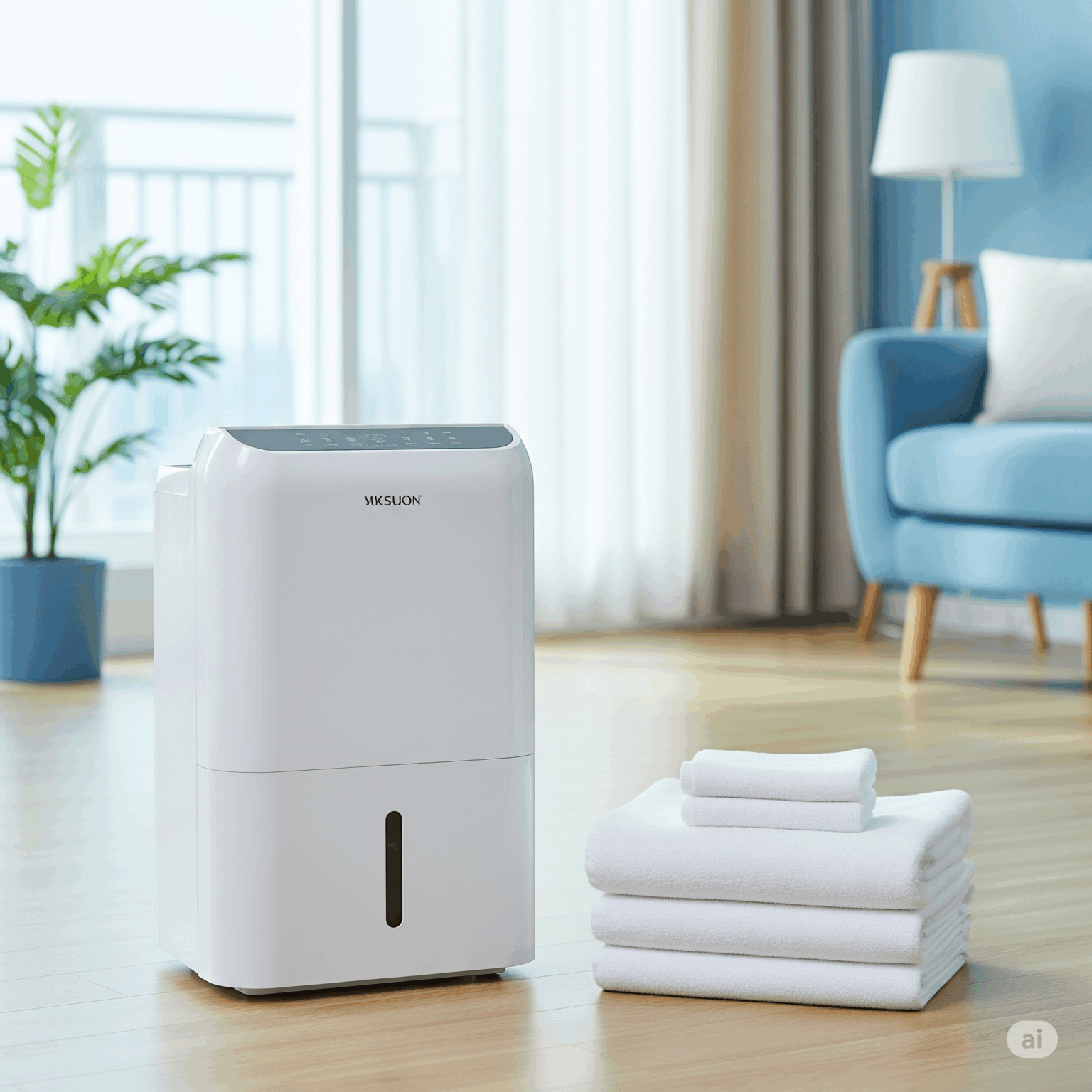 日差しが差し込む明るいリビングの床に置かれた、モダンな白い除湿機。隣には、カラッと乾いて気持ちよさそうに積まれた白いタオルが置かれている。