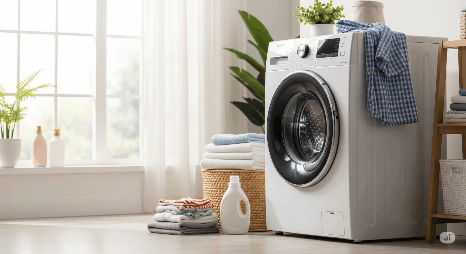 最新のファミリー向け洗濯機おすすめ記事のアイキャッチ画像。明るいリビングに置かれた最新型洗濯機を中心に、タオルや子供服、洗剤が配置され、家族の洗濯シーンを想起させる。窓から光が差し込み、清潔で快適な印象を与える。洗濯機の先進的なデザインも強調されている。