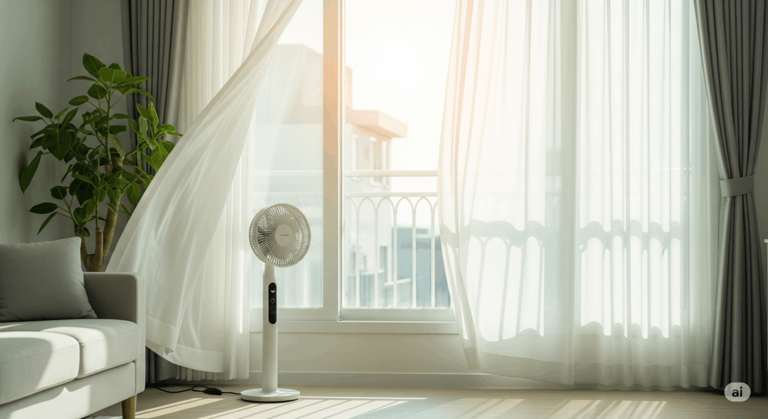 明るいリビングの窓際に置かれた、白いモダンなデザインの扇風機。窓から差し込む光で白いカーテンが優しく揺れ、観葉植物の緑が涼しげで快適な空間を演出している。
