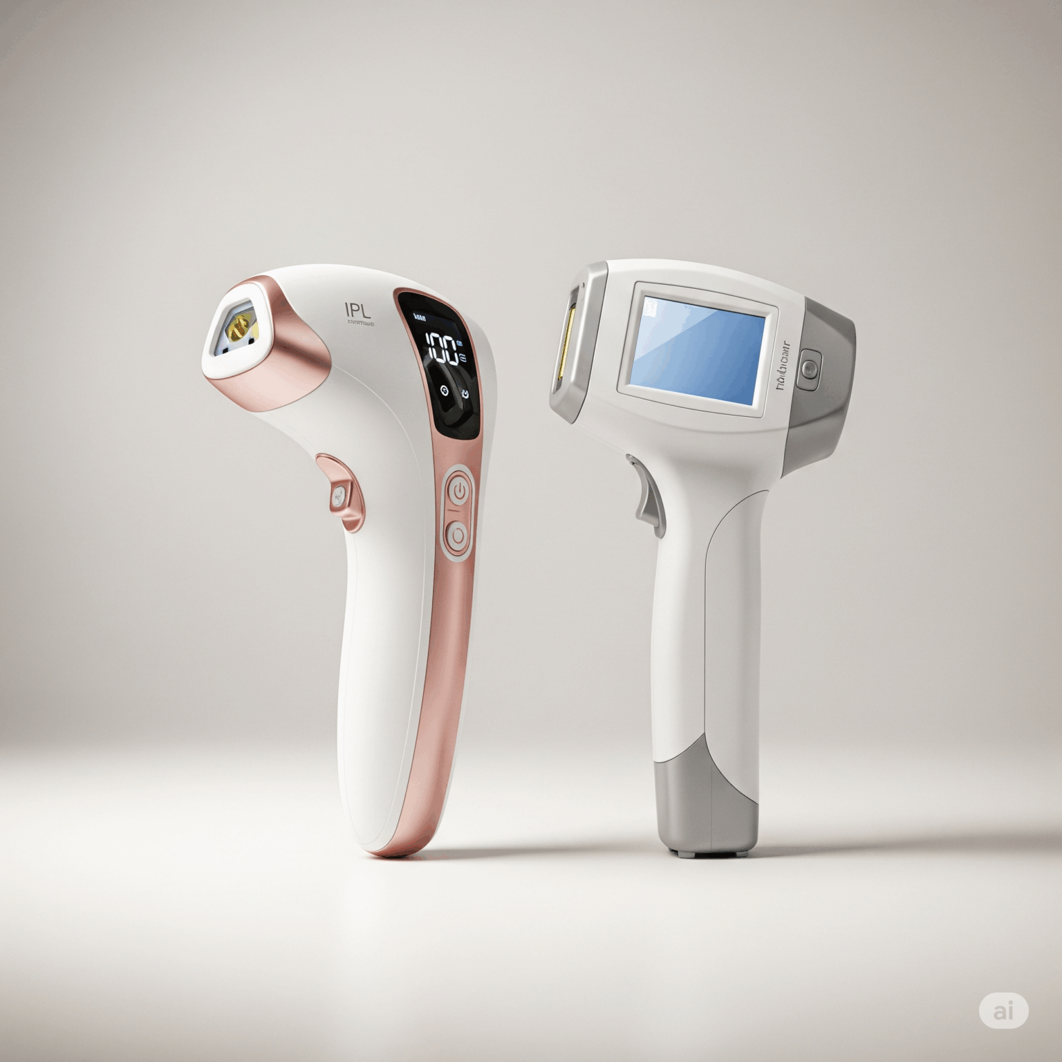 白とローズゴールドのおしゃれなIPL光脱毛器と、白とグレーで機能的な見た目のレーザー脱毛器が、並べて比較されている画像。背景は白で、2つの脱毛方式の違いを視覚的に表現している。