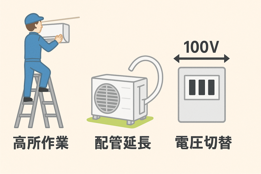 標準設置と追加工事の内容と費用差を説明する図解