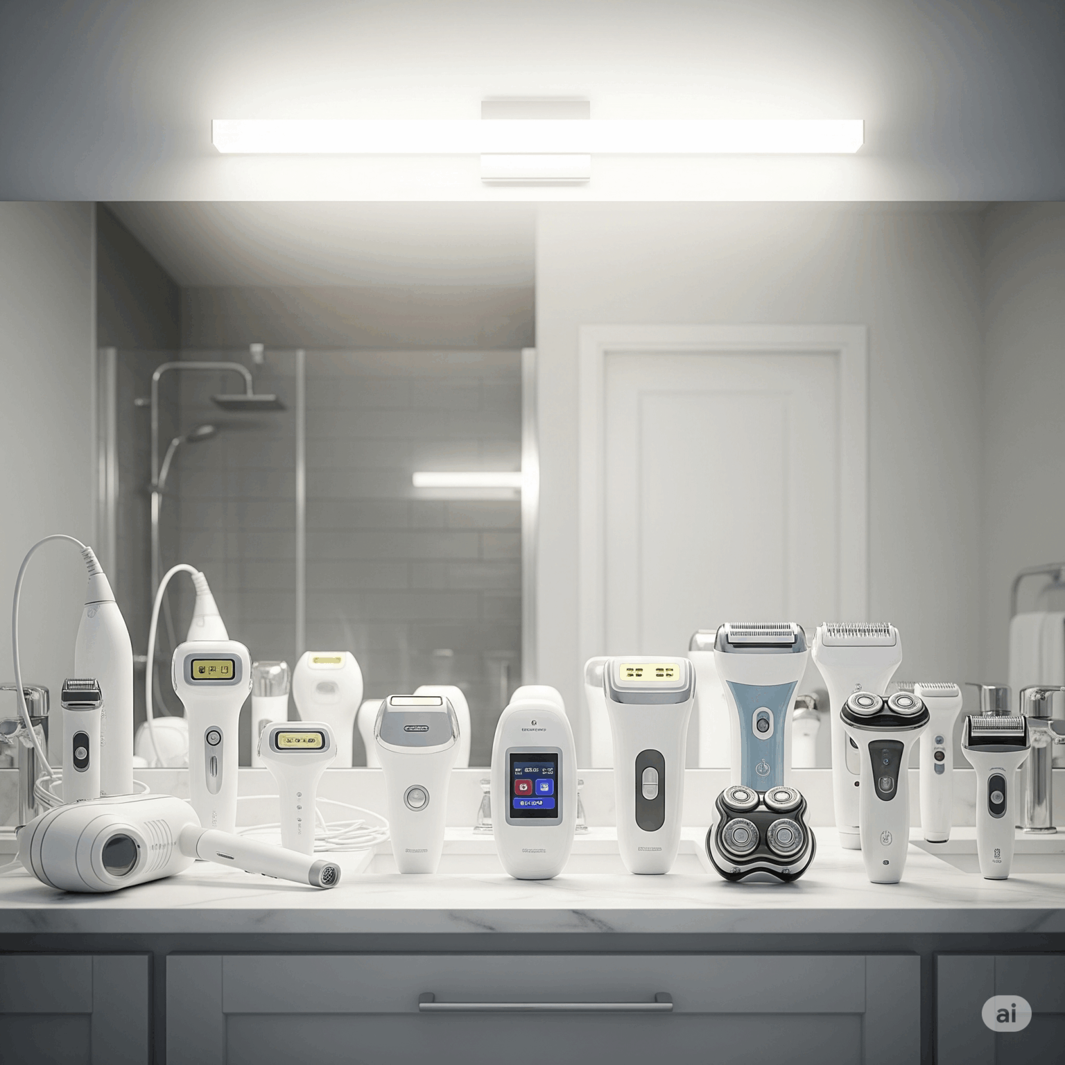 複数の家庭用脱毛器が、モダンなバスルームの洗面台にきれいに並べられているアイキャッチ画像。IPL光脱毛器や電気シェーバーなど、様々な種類の白い機器が清潔感のある明るい照明の下に置かれている。
