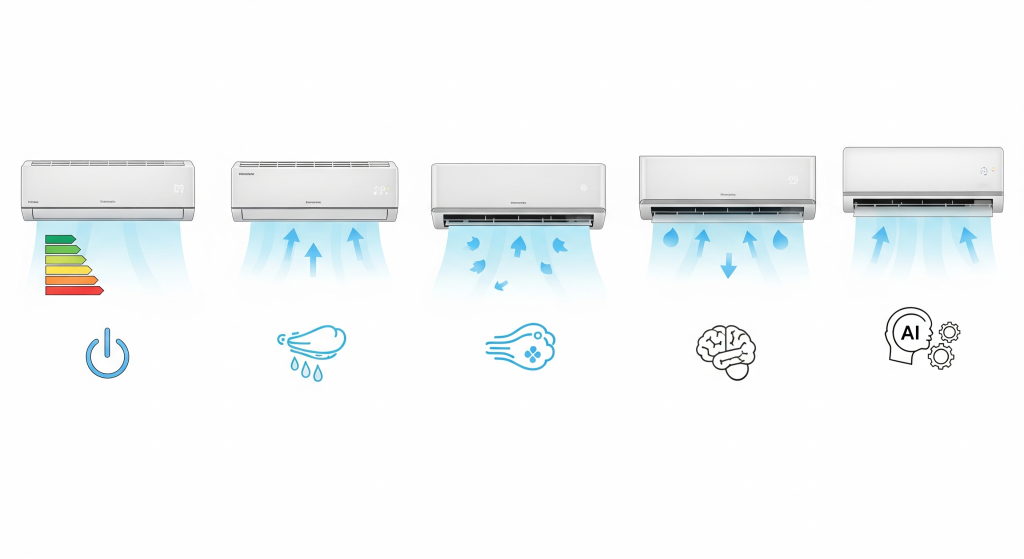5つの最新エアコンの性能をアイコンで比較しているインフォグラフィック。省エネ、空気清浄、AI機能を示している。