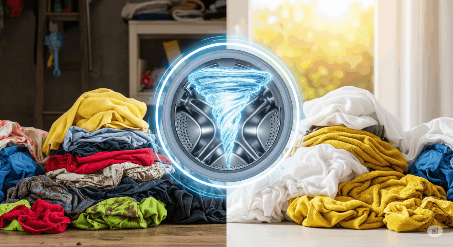 洗濯機の洗浄力をテーマにしたブログ記事のアイキャッチ画像。左半分には、泥汚れ、シミ、黄ばみのある洗濯物が暗く配置され、右半分には、同じ洗濯物が白く清潔に乾いている様子が明るく描かれている。中央には、洗濯機の内部構造が光り輝くように配置され、洗浄力による変化を象徴的に示している。