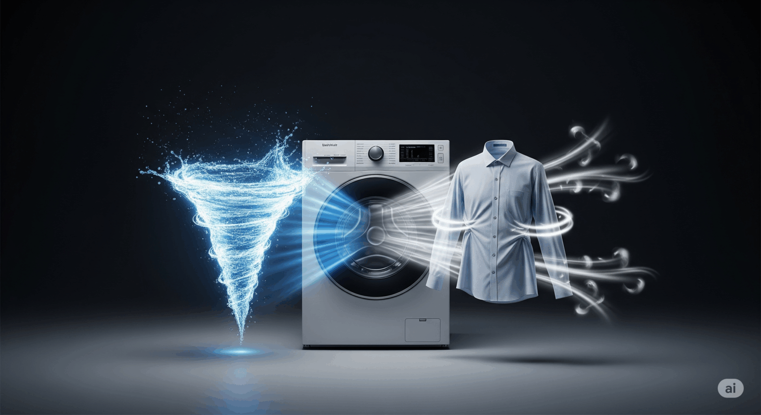 日立の洗濯機の特徴を解説するアイキャッチ画像。中央に置かれた最新のドラム式洗濯機から、2つのホログラムが浮かび上がっている。左側には『ナイアガラ洗浄』を象徴する力強い水の渦が、右側には『風アイロン』を象徴するシワのない真っ白なYシャツが描かれ、日立の二大技術を視覚的に表現している。