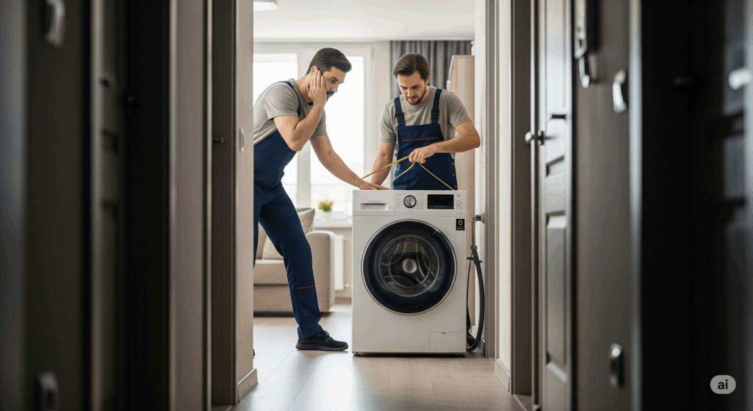 洗濯機の搬入失敗をテーマにしたアイキャッチ画像。アパートの狭い廊下で、配送業者が新しい洗濯機を前に困り果てている。洗濯機が通路を通らず、搬入できないという、購入前の採寸がいかに重要であるかを示す象徴的なシーン。