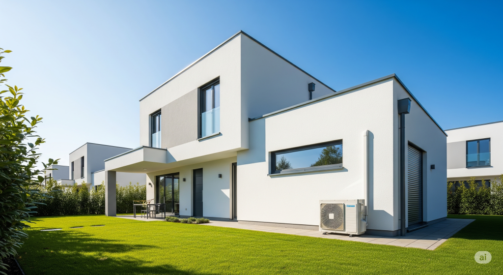 青空の下に建つモダンな新築住宅と、壁に設置された最新エアコンの室外機。