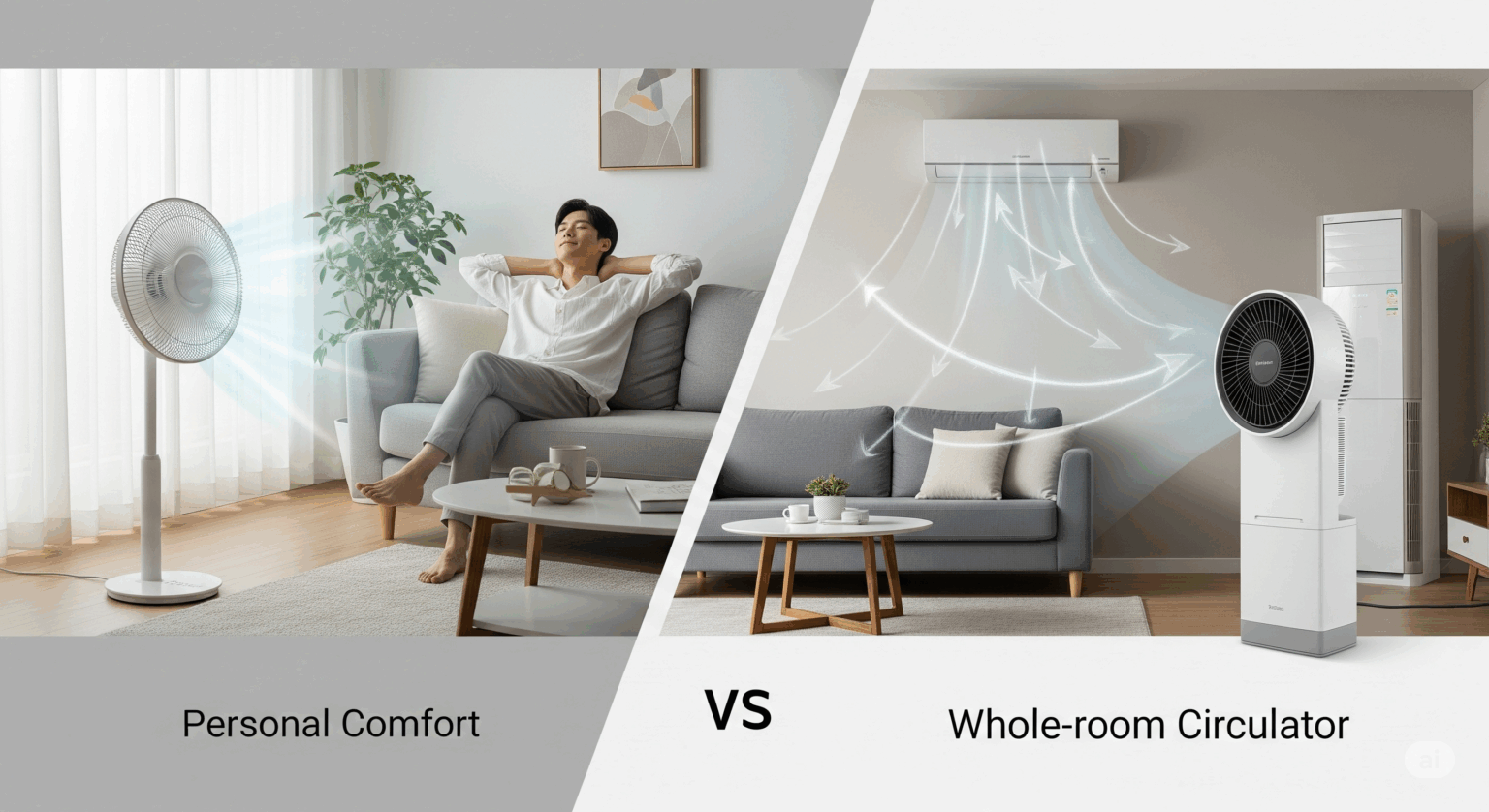 扇風機とサーキュレーターの機能の違いを比較する画像。左側では、ソファでくつろぐ人に扇風機が優しい風を直接送っている。右側では、サーキュレーターが天井に向けられ、部屋全体の空気を循環させている様子が示されている。