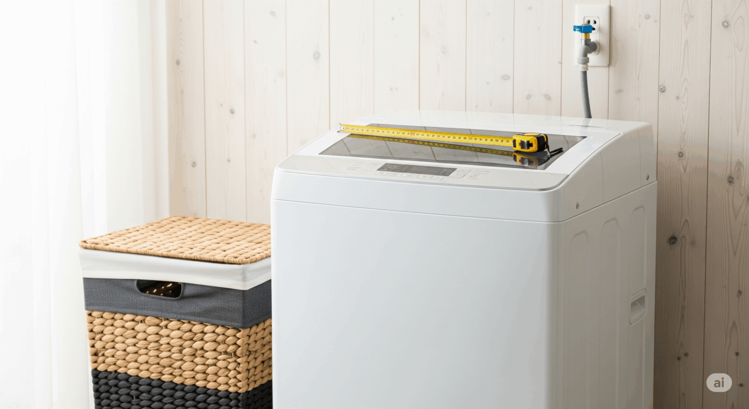 一人暮らし向けの洗濯機選びをテーマにしたアイキャッチ画像。明るい木目調の壁を背景に、白い縦型洗濯機が置かれている。その横にはランドリーバスケット、上にはサイズ選びの重要性を示すメジャーが置かれており、賢く製品を選ぶ様子を象徴している。