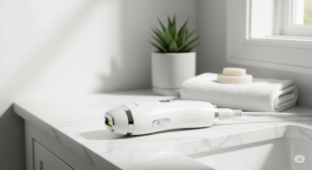 家庭用レーザー脱毛器のトリア4Xが、清潔感のある白いバスルームの洗面台に置かれている。そばには観葉植物と白いタオルが添えられており、自宅で手軽に本格ケアができるイメージを表現している。